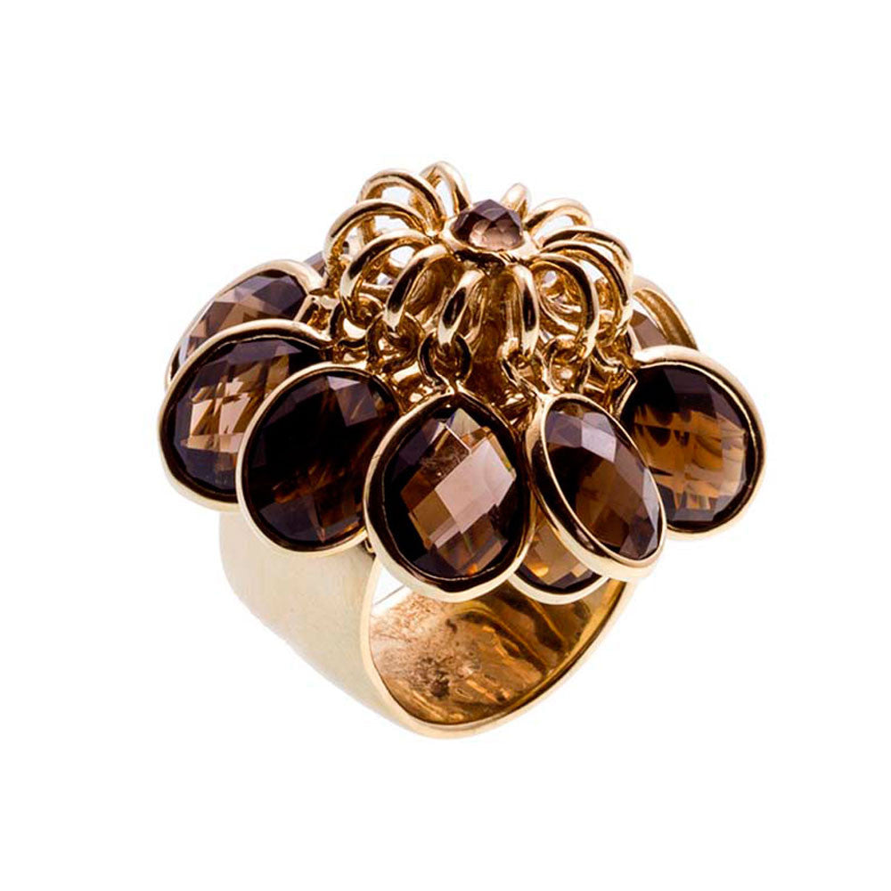 18K YG Plated, Smokey Quartz Shaky Charm Ring