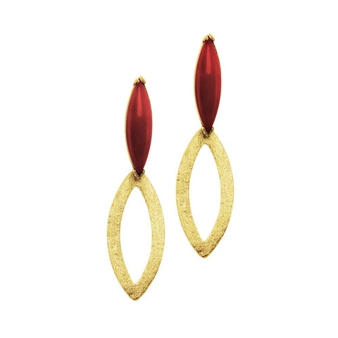 18K YG Plated, Red Agate Linear Marquis Earrings