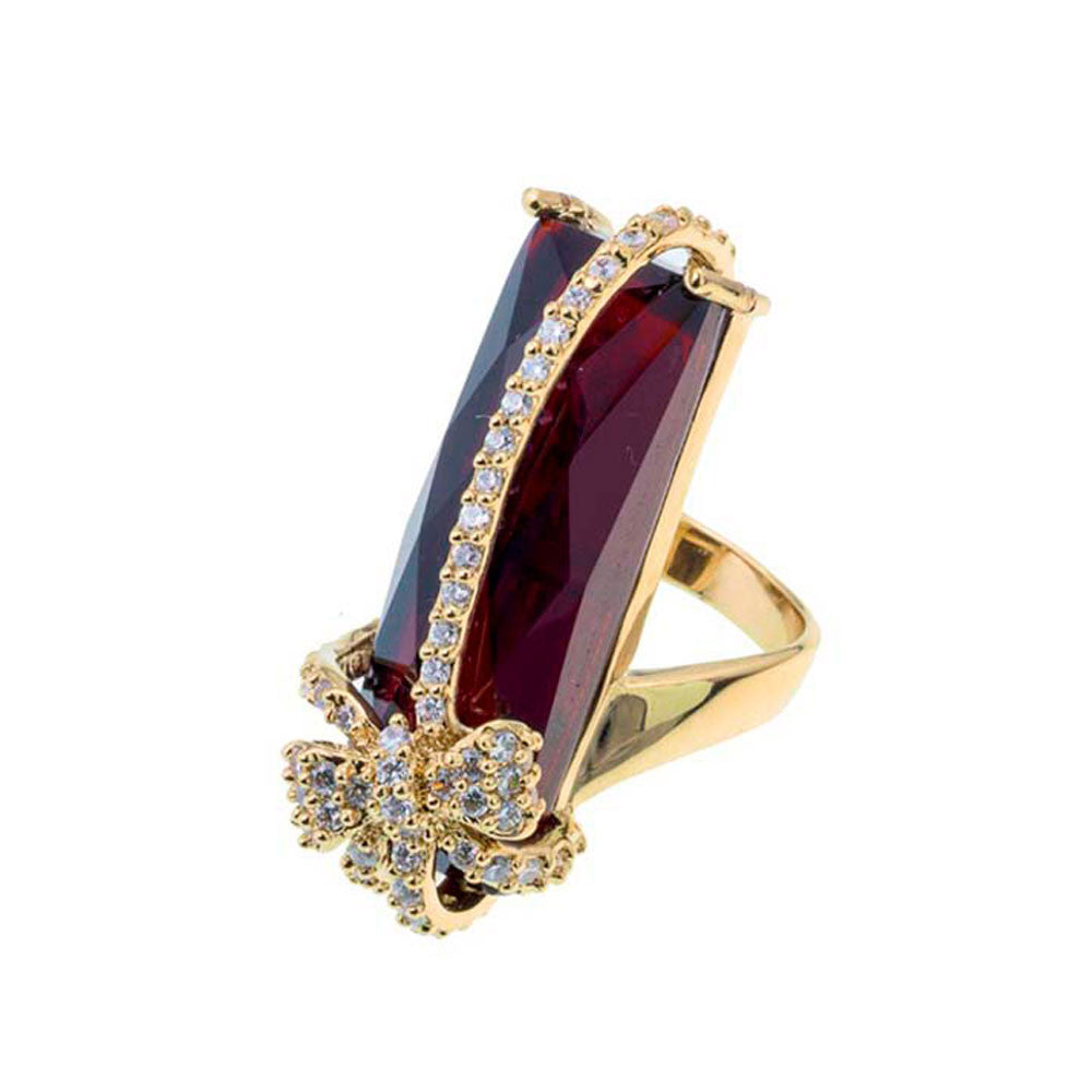 18K YG Plated, Siam Red Crystal and CZ Bow Ring