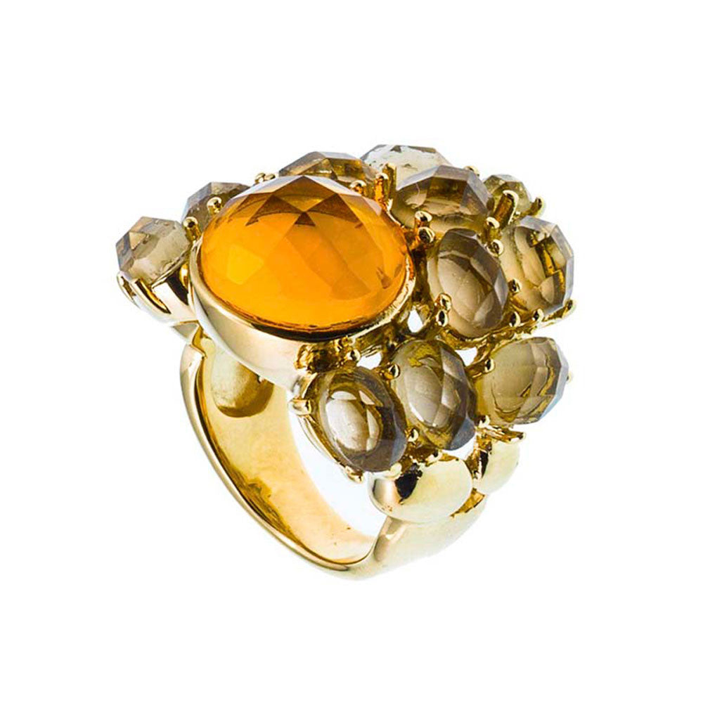 18K YG Plated, Topaz And Smoked Topaz Crystal Fragmented Ring