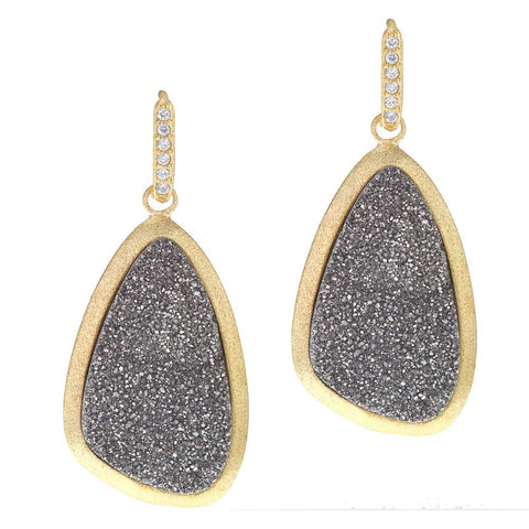 18K YG Plated, Abstract Silver Drusy Drop Earrings