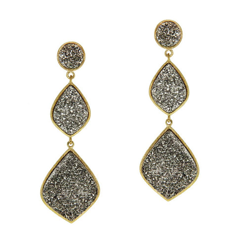 18K YG Plated, Abstract Silver Drusy Linear Earrings