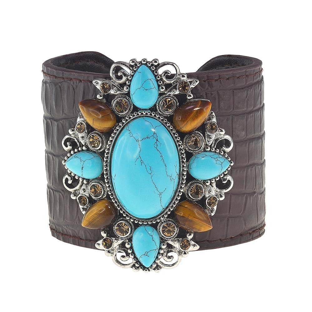 Medallion Leather Cuff ASIAN TURQUOISE and TIGER EYE
