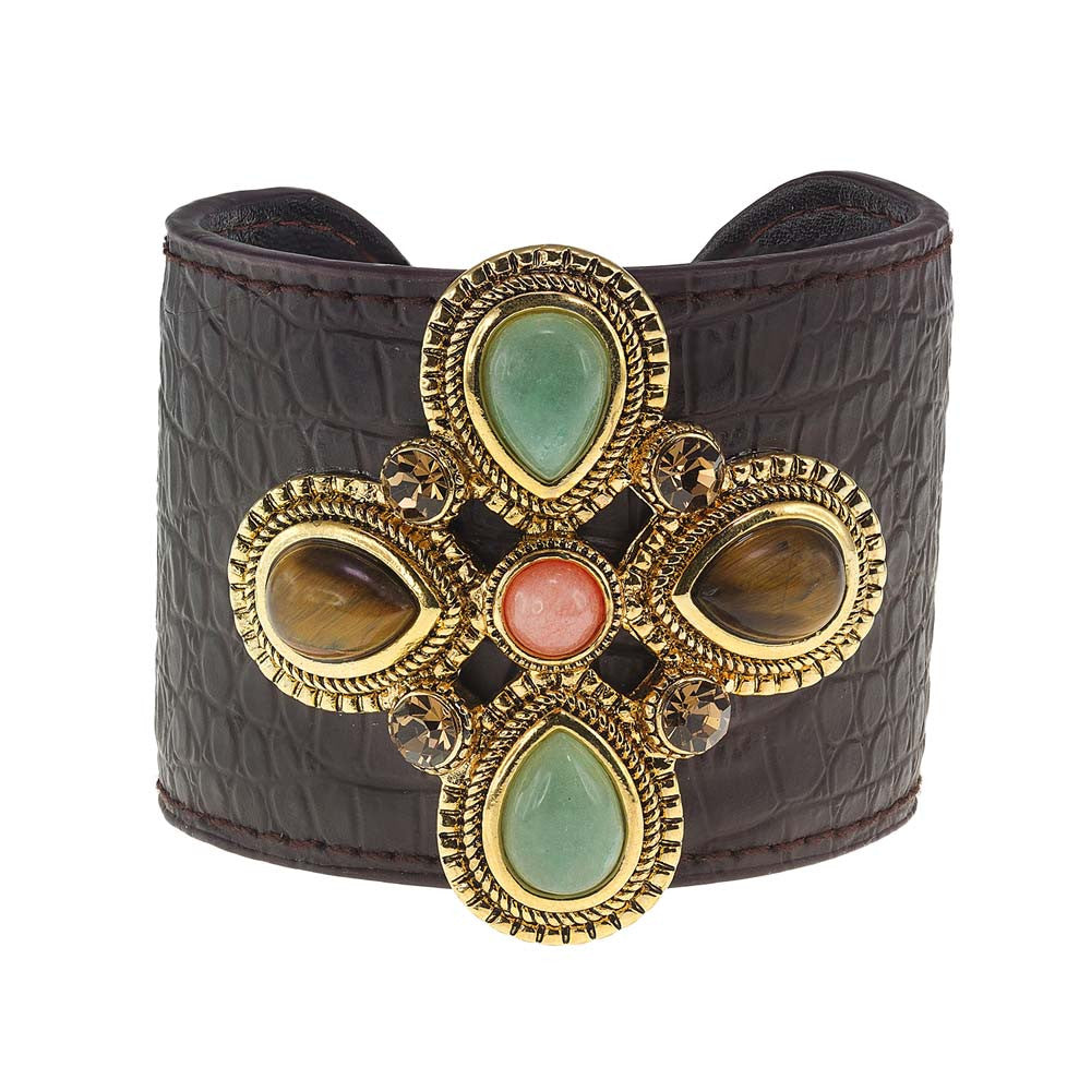 Medallion Leather Cuff Jade and TIGER EYE