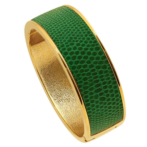 18K YG Plated  "Cali" Emerald Faux Lizard Embossed Leather Hinged Bangle