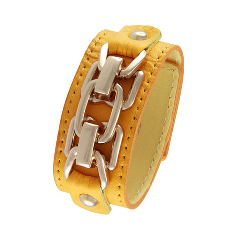 18K YG Plated  Yellow Leather Chain Link Design Snap Bracelet