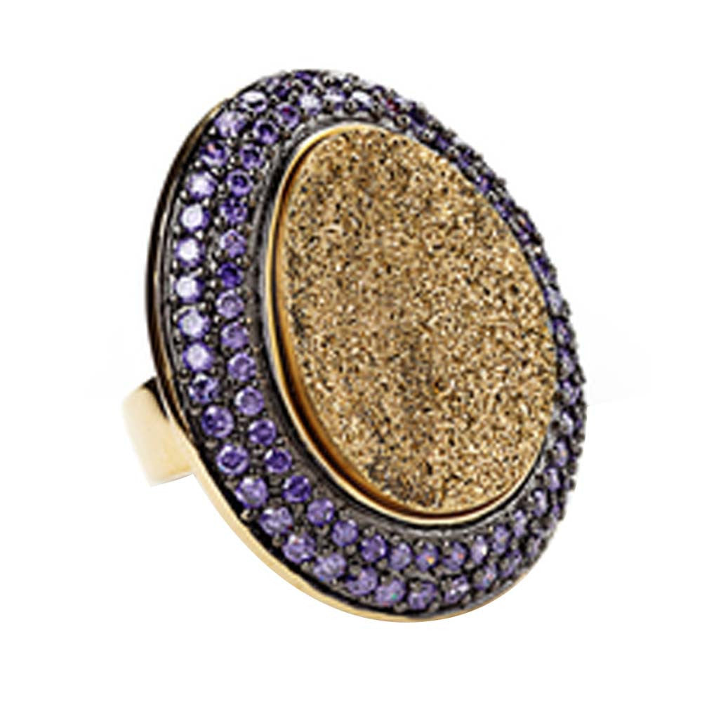 18K YG Plated, Gold Drusy And Amethyst Cz Cocktail Ring