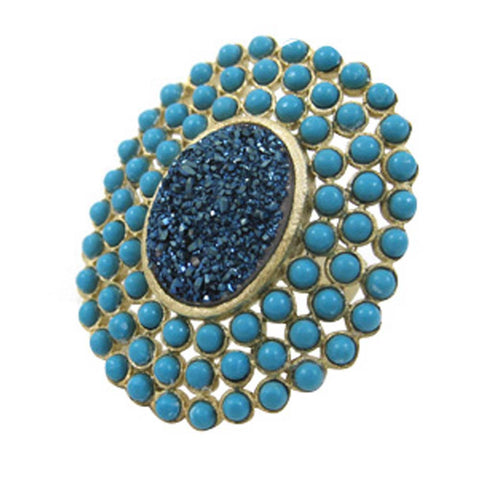 18K YG Plated, Blue Drusy And Turquoise Statement Ring