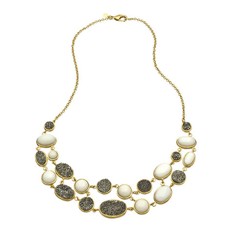 18K YG Gold Plated, Silver Drusy And White Agate Cabochon Necklace