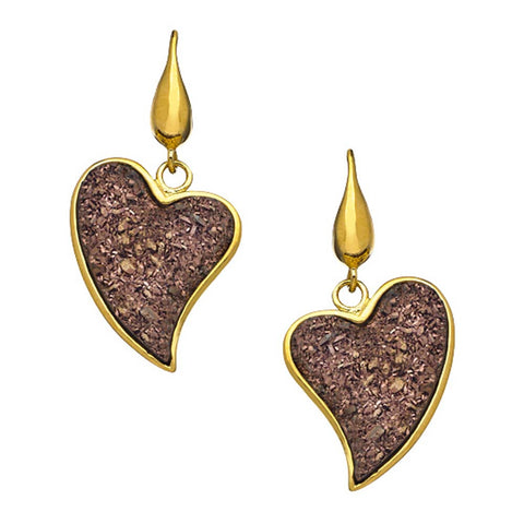 18K YG Gold Plated, Bronze Drusy Heart Earrings