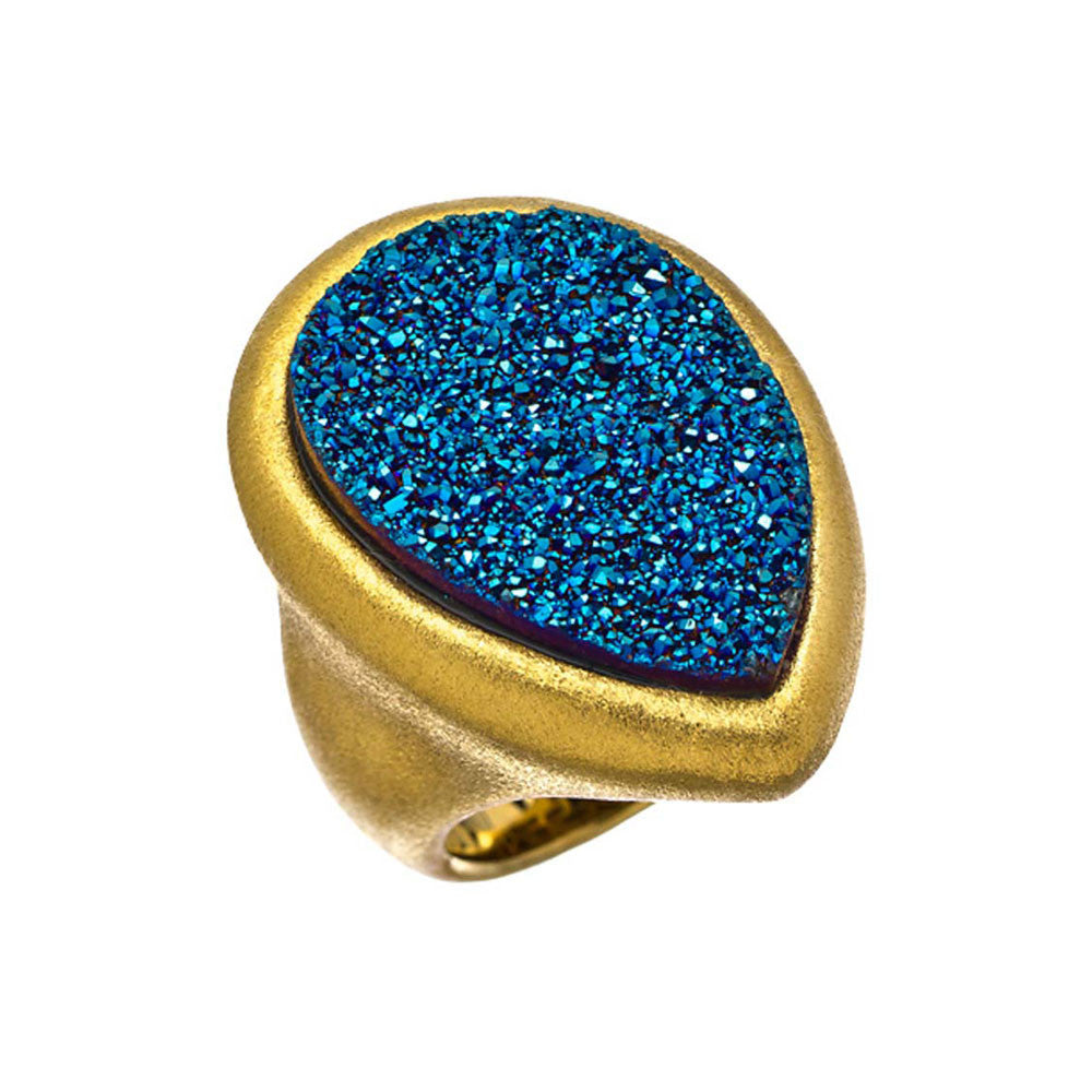 18K YG Plated, Pear Shape Blue Drusy Ring