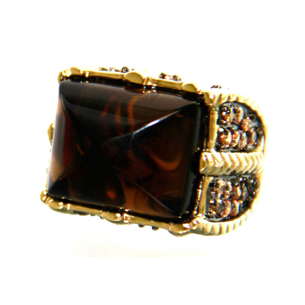 18K YG Plated, Smoke Topaz Crystal and Cognac CZ Statement Ring