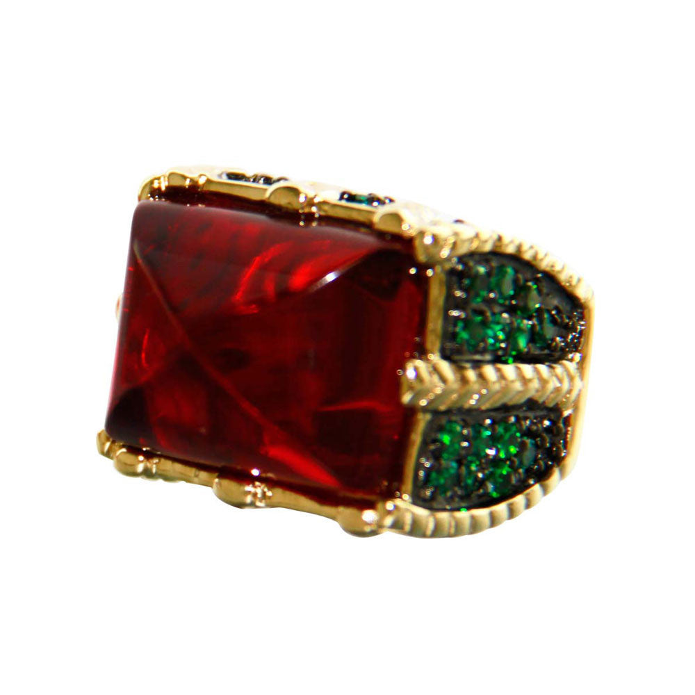 18K YG Plated, Siam Ruby, Emerald Crystal and CZ Statement Ring