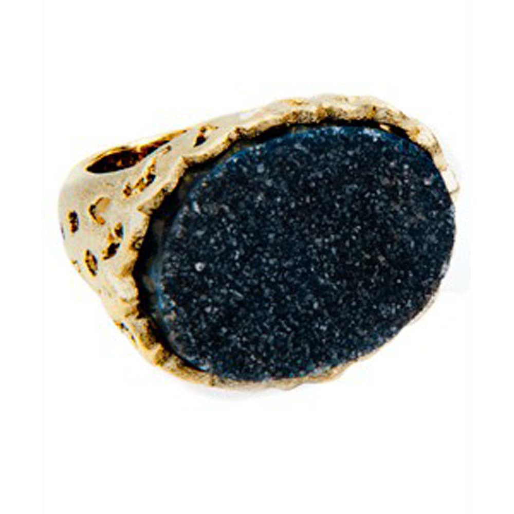 18K YG Plated, Bold Black Drusy Cabochon Oval Ring