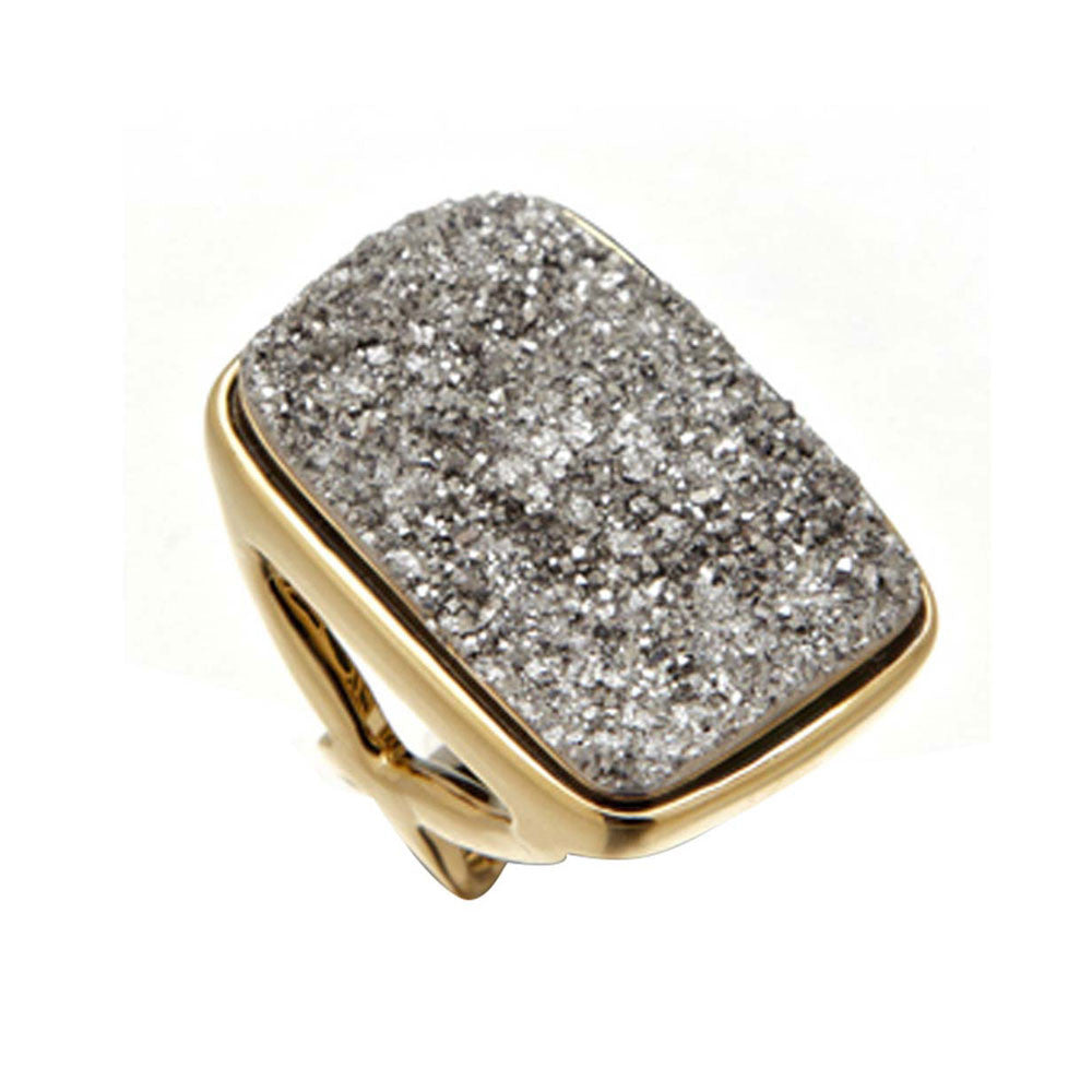 18K YG Plated, Large Rectangular Silver Drusy Ring
