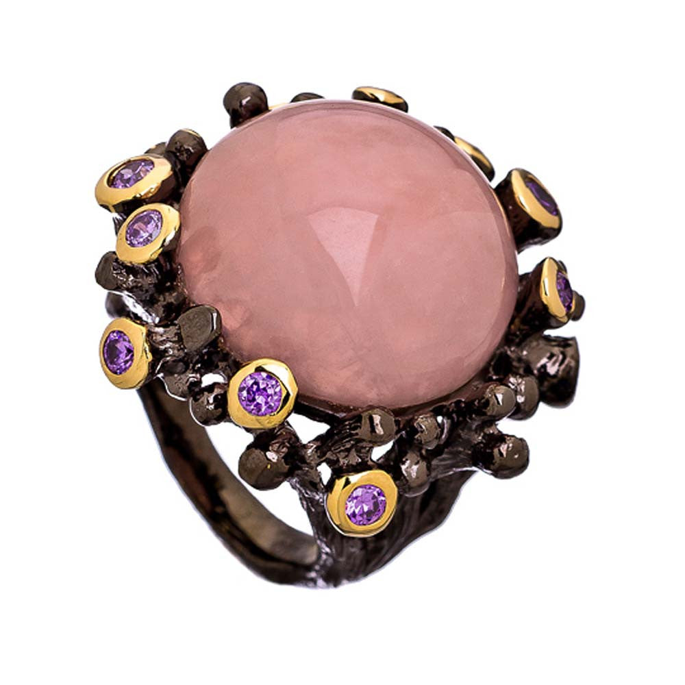 Two-Tone, 18K YG And Black Rhodium Plated, Rose Quartz And Amethyst Crystal Medusa Ring