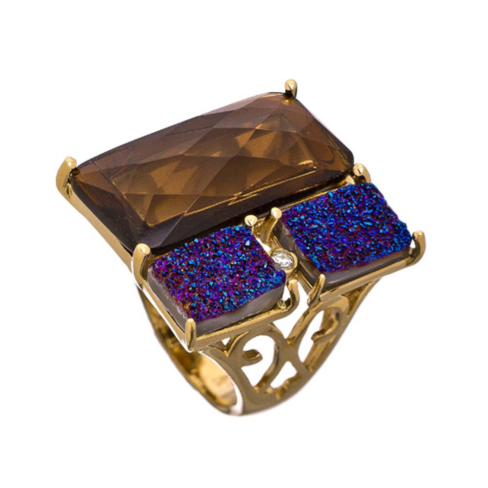18K YG Plated, Smoke Topaz Crystal and Blue Drusy Triplet Ring