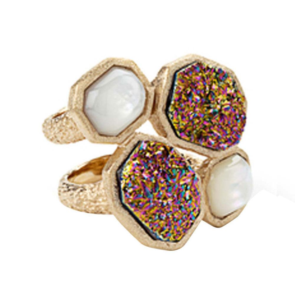 18K YG Plated, Peacock Drusy And Mother-Of-Pearl Mosaic Statement Ring