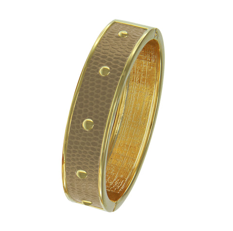 18K YG Plated  Circle Studs Tan Faux Lizard Embossed Leather Bangle