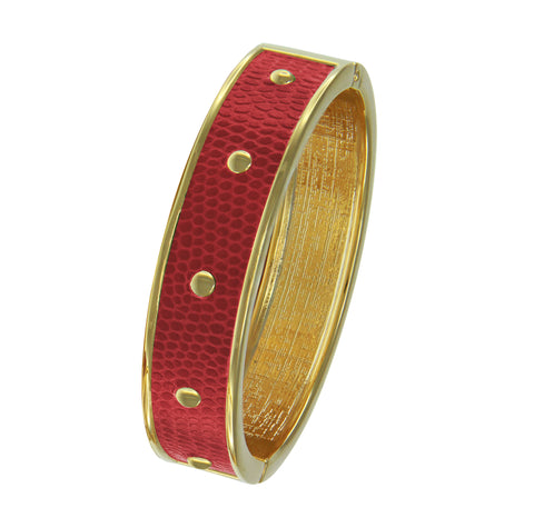 18K YG Plated  Circle Studs Red Faux Lizard Embossed Leather Bangle