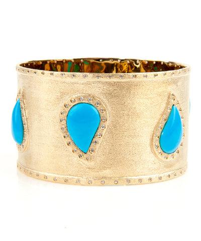 18K YG Plated, Magnesite Turquoise Cabochon and Crystal Statement Bangle