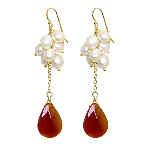 18K YG over sterling silver, red agate, freshwater white pearl