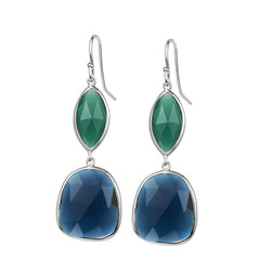 Rhodium Plated Faceted  Green Onyx and Montana Blue Glass Earrings