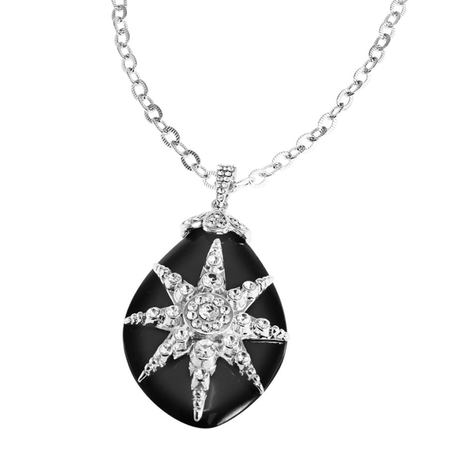 "Deco Starburst" Black Teardrop Pendant Necklace