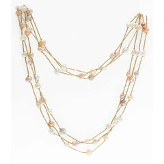 18K YG Plated Sterling Silver, Pink And White Fresh Water Pearl, Three Row, 40' Lurex Necklace