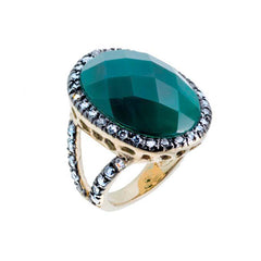 Two-Tone, 18K YG And Black Rhodium Plated, Faceted Green Aventurine Cabochon And CZ Ring