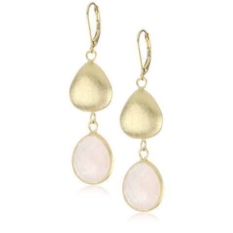 18Kt YG Plated Brass, Rose Quartz Pebble Drop Earrings