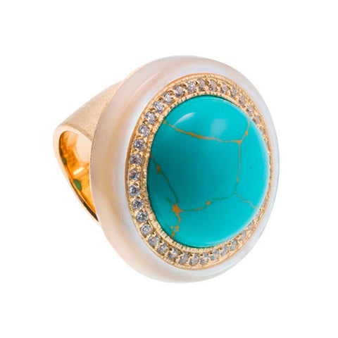 18K YG Plated, Turquoise, Mother-Of-Pearl And Cz Gumball Ring