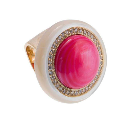 18K YG Plated, Hot Pink Mother-Of-Pearl And Cz Gumball Ring