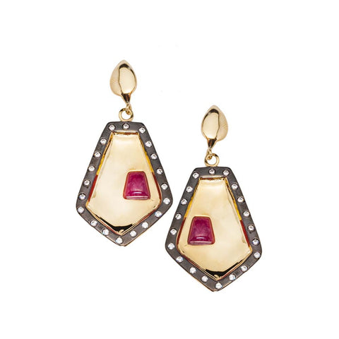 14K YG Plated Faceted Linear Amethyst And Fuchsia Glass Earrings