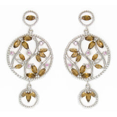 Sterling Silver, Smoke Topaz Cz, Drop Medallion Earrings