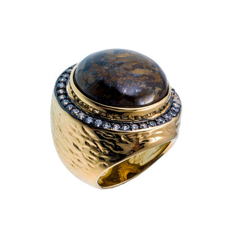 18K YG Plated Bronzite And CZ Gumball Ring