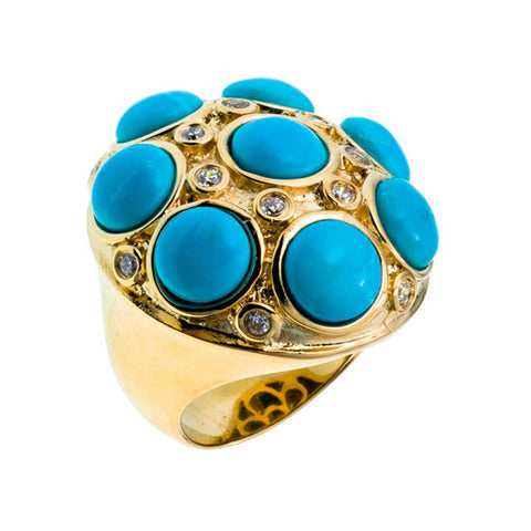18K YG Plated, Blue Drusy And Turquoise Statement Ring