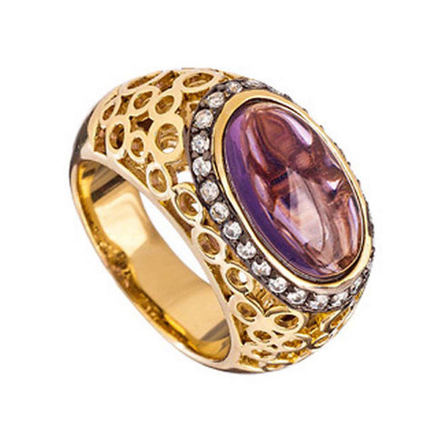 18K YG Plated, Oval Amethyst Cabochon and CZ Ring
