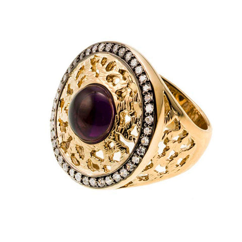 18K YG Plated, Oval Amethyst Cabochon and CZ Ring