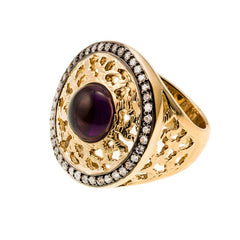Two-Tone, 18K YG and Black Rhodium Plated, Amethyst Crystal and CZ Medallion Ring