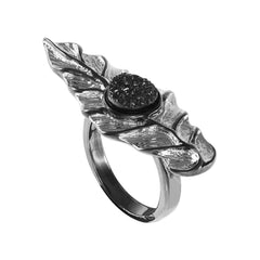 Rhodium Plated, Black Drusy Leaf Ring