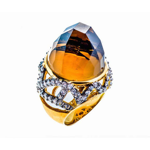 Two-Tone, 18K YG And Black Rhodium Plated, Smoke Topaz Lucite And Cz Statement Ring