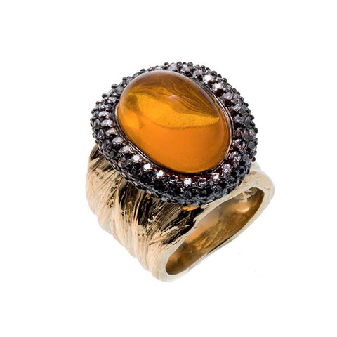18K YG Plated, Topaz And Smoked Topaz Crystal Fragmented Ring