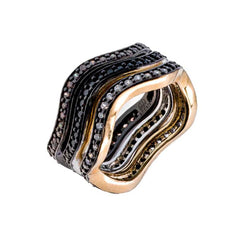 Three-Tone Plated, Set Of Three, Black, White and Cognac Wavy CZ Rings