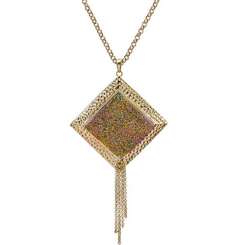 18K YG Plated, Large Square Peacock Drusy Necklace