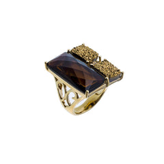 18K YG Plated Smoke Topaz Crystal and Gold Drusy Triplet Ring