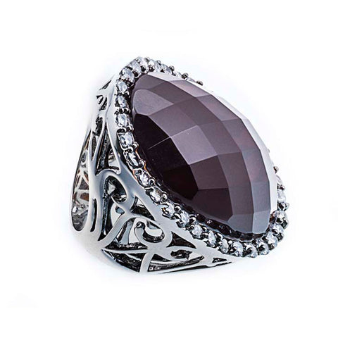 Rhodium Plated, Faceted Smoke Topaz Crystal Statement Ring