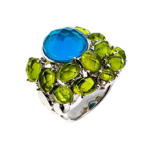 Rhodium Plated, Blue and Green Crystal Fragmented Ring