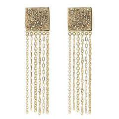 18K YG Plated, Square Gold Drusy Chain Tassle Earrings