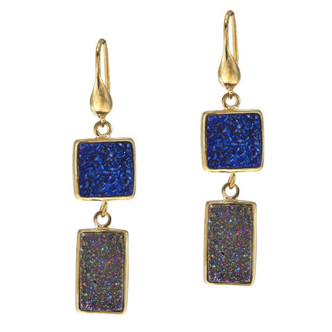 18K YG Plated, Geometric Peacock And Silver Drusy Earrings